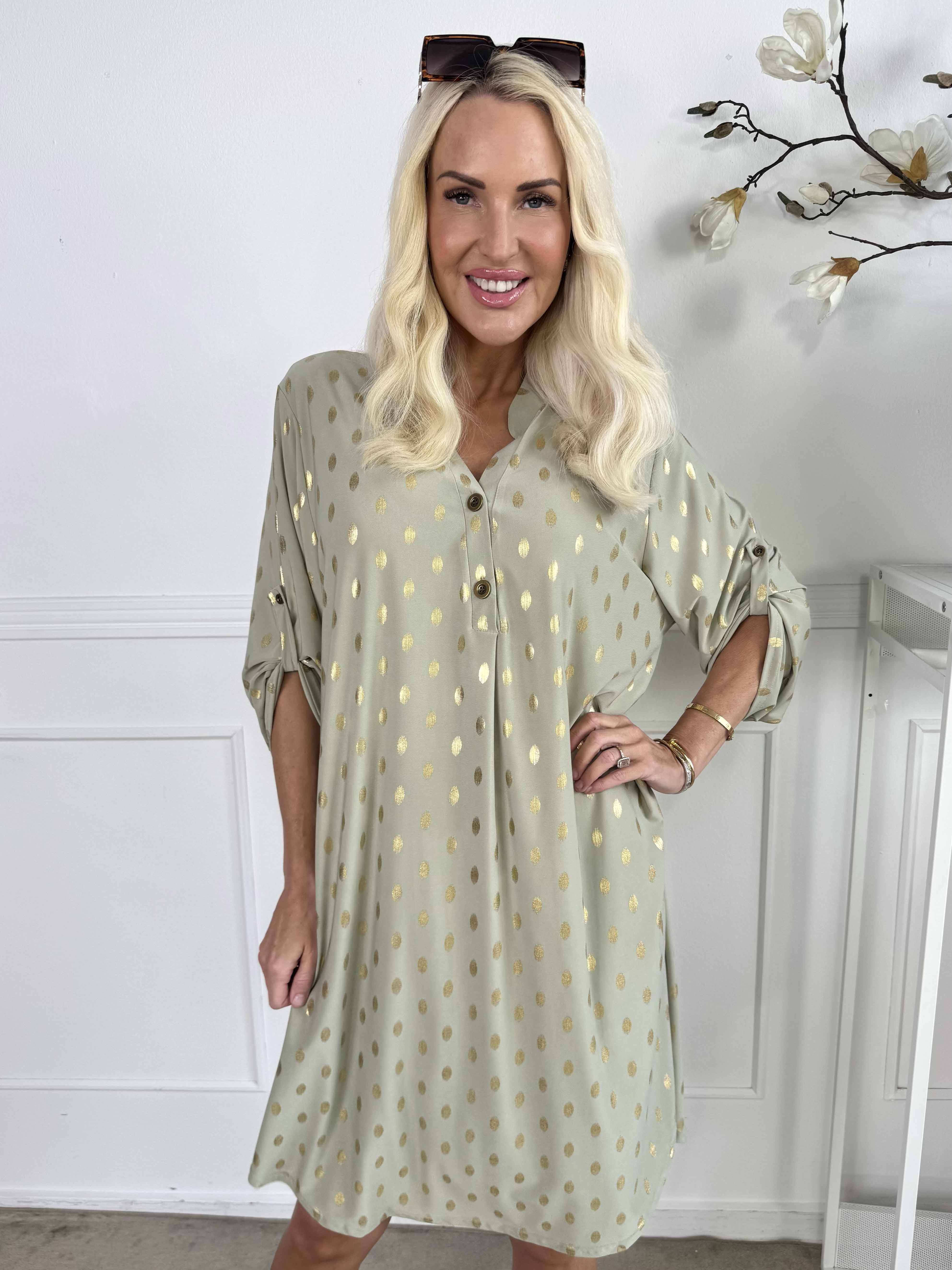 Ebba Gold Long - Elastisk kjole med guld prikker